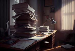 Large piles of files piled up on a desk, heavy workload. photo