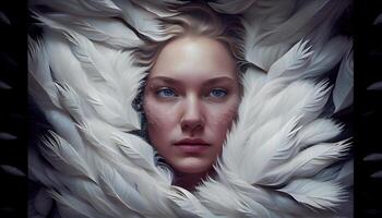 A woman's face sticking out in the middle of all the goose white feather. photo