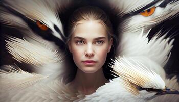 A woman's face sticking out in the middle of all the goose white feather. photo