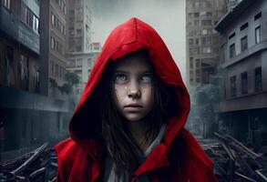 Tale of modern little red riding hood in a city with buildings in rainy weather. photo