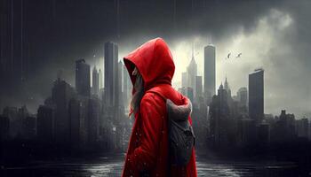 Tale of modern little red riding hood in a city with buildings in rainy weather. photo