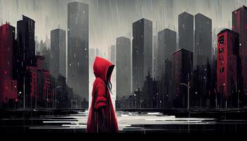 Tale of modern little red riding hood in a city with buildings in rainy weather. photo