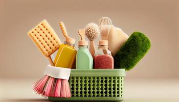 Eco brushes, sponges and rag in cleaning basket.. photo