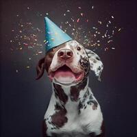 Cute dog with a party hat celebrating her birthday, confetti falling. photo