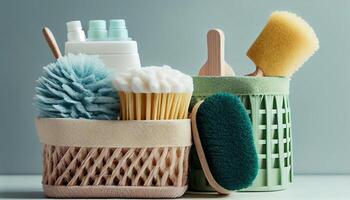 Eco brushes, sponges and rag in cleaning basket.. photo