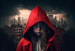 Tale of modern little red riding hood in a city with buildings in rainy weather. photo