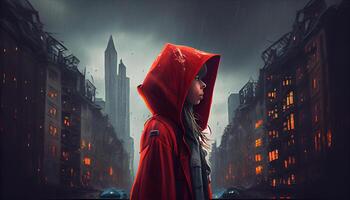 Tale of modern little red riding hood in a city with buildings in rainy weather. photo