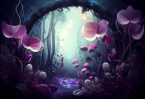 Photo fantasy landscape magical forest background with big flower.