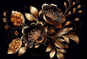 Photo golden flowers on black background elegant floral wallpaper.