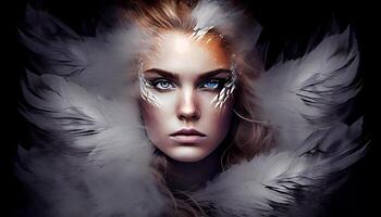 A woman's face sticking out in the middle of all the white goose feather. . photo