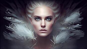 A woman's face sticking out in the middle of all the white goose feather. . photo