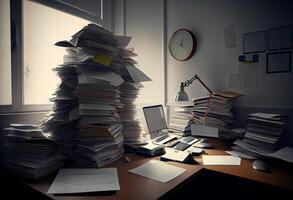 Large piles of files piled up on a desk, heavy workload. . photo