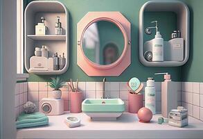 lleno de femenino productos cosméticos arreglado alrededor un lavabo en un moderno baño. ai generado. foto
