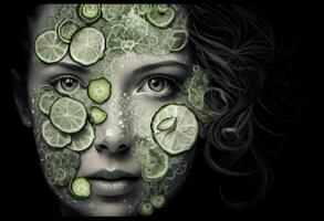 Woman face with cucumber slices on face. . photo