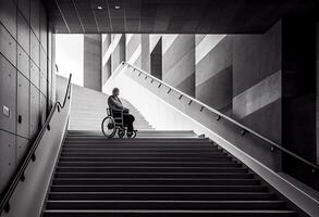 Man in a wheelchair with a staircase in the background. . photo