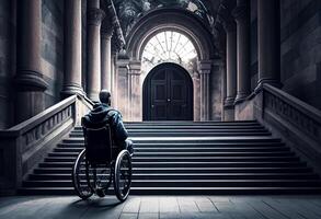 Man in a wheelchair with a staircase in the background. . photo