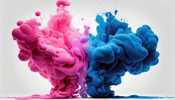 Blue and pink colorful paints that blend together on white background. . photo