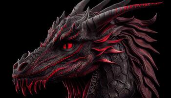 Black and red dragon head close-up on a black background. . photo