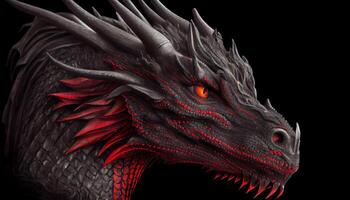 Black and red dragon head close-up on a black background. . photo