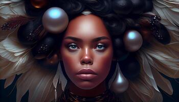 A beautiful black woman who appears in the midst of large pearls. . photo