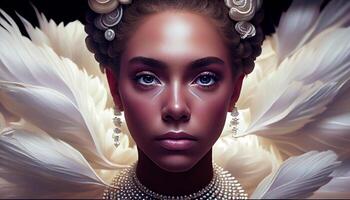 A beautiful black woman who appears in the midst of large pearls. . photo