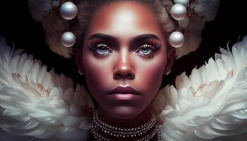 A beautiful black woman who appears in the midst of large pearls. . photo