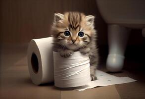 Cute kitten in the bathroom tore a pile of toilet paper on the floor. . photo