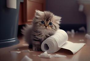 linda gatito en el baño desgarrado un pila de baño papel en el piso. ai generado. foto