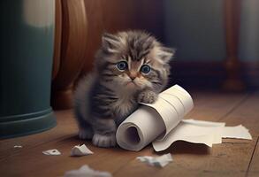 Cute kitten in the bathroom tore a pile of toilet paper on the floor. . photo