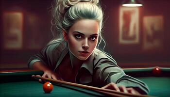 A gorgeous young woman in a pool hall looks at the camera. . photo