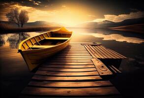 Yellow wooden boat on the lake near the wooden pier. . photo