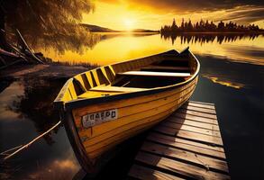 Yellow wooden boat on the lake near the wooden pier. . photo