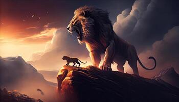 Big lion and lioness on the top of the mountain. . photo