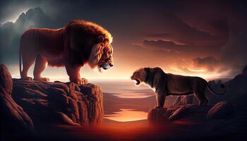Big lion and lioness on the top of the mountain. . photo