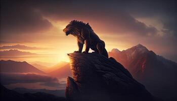 Big dragon-bear on top of a mountain at sunset. . photo