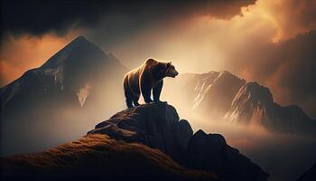 Big ferocious bear on top of a mountain at sunset. . photo