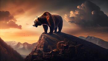 Big ferocious bear on top of a mountain at sunset. . photo