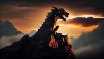 grande dragón-oso en parte superior de un montaña a puesta de sol. ai generado. foto