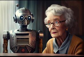 Elderly woman sits at a table with a robot. . photo