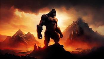 Ferocious King Kong on top of a mountain at sunset. . photo