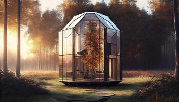 Glass house of the future made of wood and glass. . photo