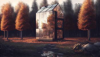 Glass house of the future made of wood and glass. . photo