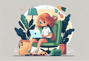 Girl with laptop sitting on the chair. Freelance or studying concept. . photo