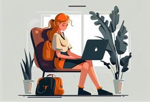Girl with laptop sitting on the chair. Freelance or studying concept. . photo