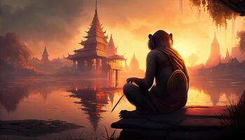Monkey yogi sits with his back in the lotus position. . photo