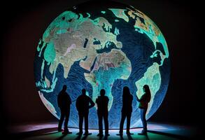 A group of people standing around a large globe with a map of the world. . photo