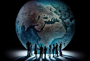 A group of people standing around a large globe with a map of the world. . photo