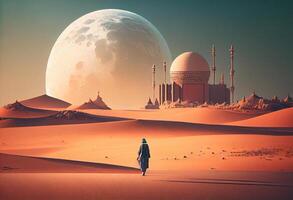 un hombre caminando hacia un grande Luna en un Desierto con un grande mezquita en el antecedentes . ai generado. foto
