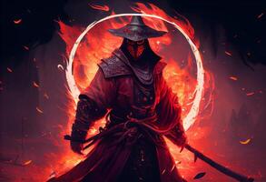 A samurai in a demonic red mask on the battlefield. . photo