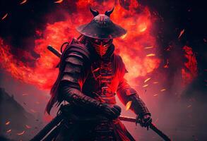 un samurai en un demoníaco rojo máscara en el campo de batalla. ai generado. foto